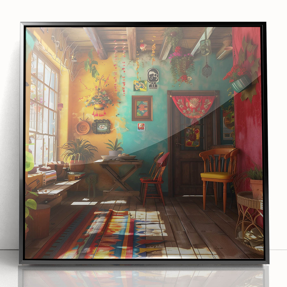 Large abstract wall art depicting a stylized Mexico City scene, in muted earth tones, framed in black acrylic.
