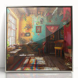 Framed acrylic print of Mexico City with silver accents in mid-century modernist style, featuring muted earth tones.