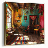 Framed canvas wall art of Mexico City landscape in silver and gold tones, ideal for bedroom decor.