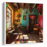 Vintage poster art of Mexico City scenery on extra large framed canvas, featuring colorful art on a black background.