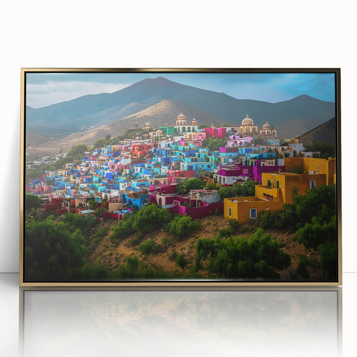 Large art print of Oaxaca, Mexico scenery in mid-century modernist style, with vibrant colors on framed acrylic.