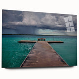 Large abstract wall art of Quintana Roo scenery in muted blues and greens on acrylic glass.