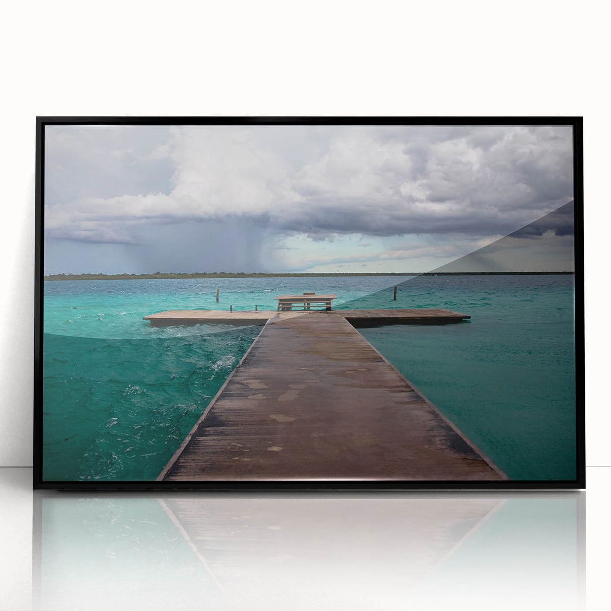 Large abstract wall art depicting a Quintana Roo scenery in muted earth tones, framed in black acrylic.