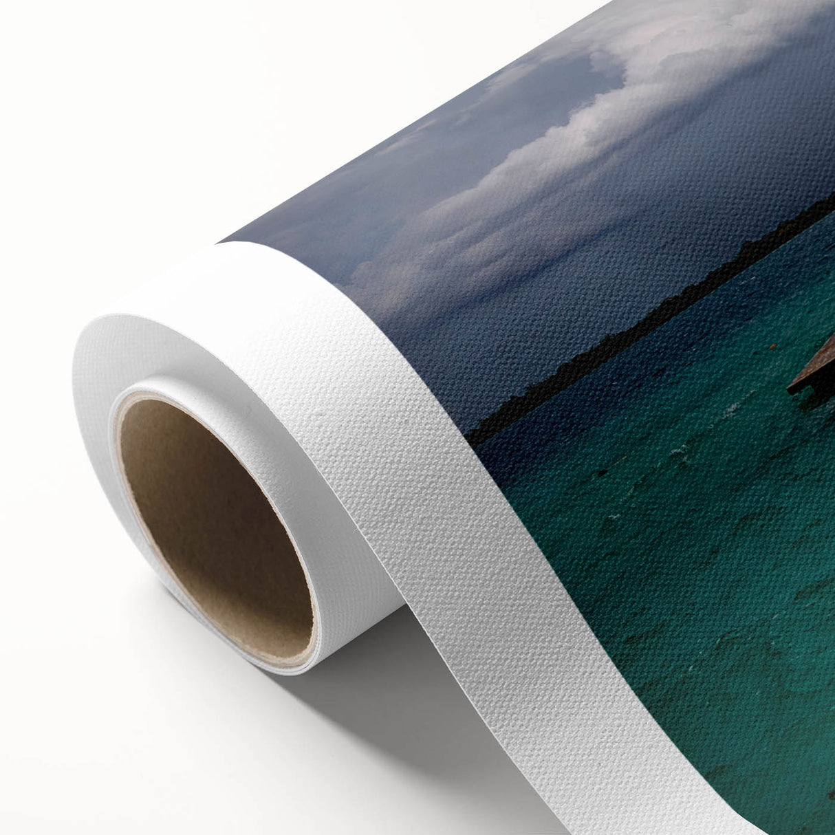 Art deco poster of Quintana Roo scenery on rolled canvas, featuring pastel shades, ideal for nursery wall art.