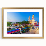 Extra large abstract art print depicting colorful, textured scenery of Yucatan, in a gold frame, ideal for living room decor.