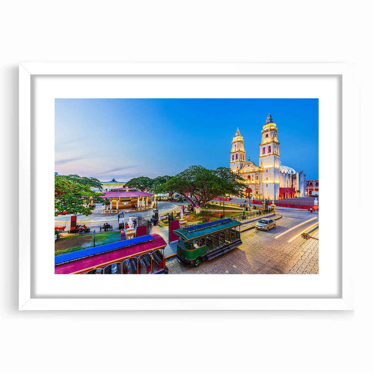 Abstract art print of Yucatan scenery in muted earth tones on a white-framed mat, ideal for dining room decor.