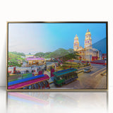 Large art print of Yucatan scenery in mid-century modernist style, framed in gold acrylic, with muted earth tones.