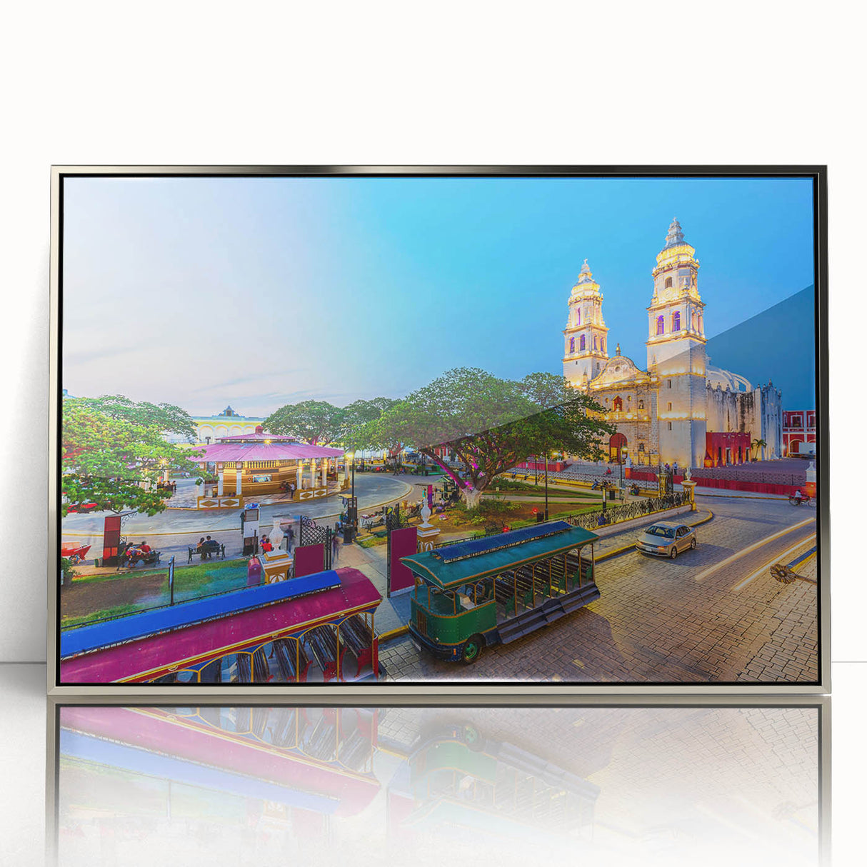Mid-century modernist art depicting a Mexican Yucatan landscape in muted earth tones on a framed acrylic print.