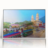 Art deco poster featuring Yucatan scenery in muted green and blue tones, framed acrylic, ideal for modern nursery wall art.