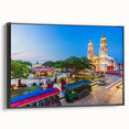 Framed canvas featuring a black and white vintage poster art of Yucatan landscape, ideal for bedroom decor.
