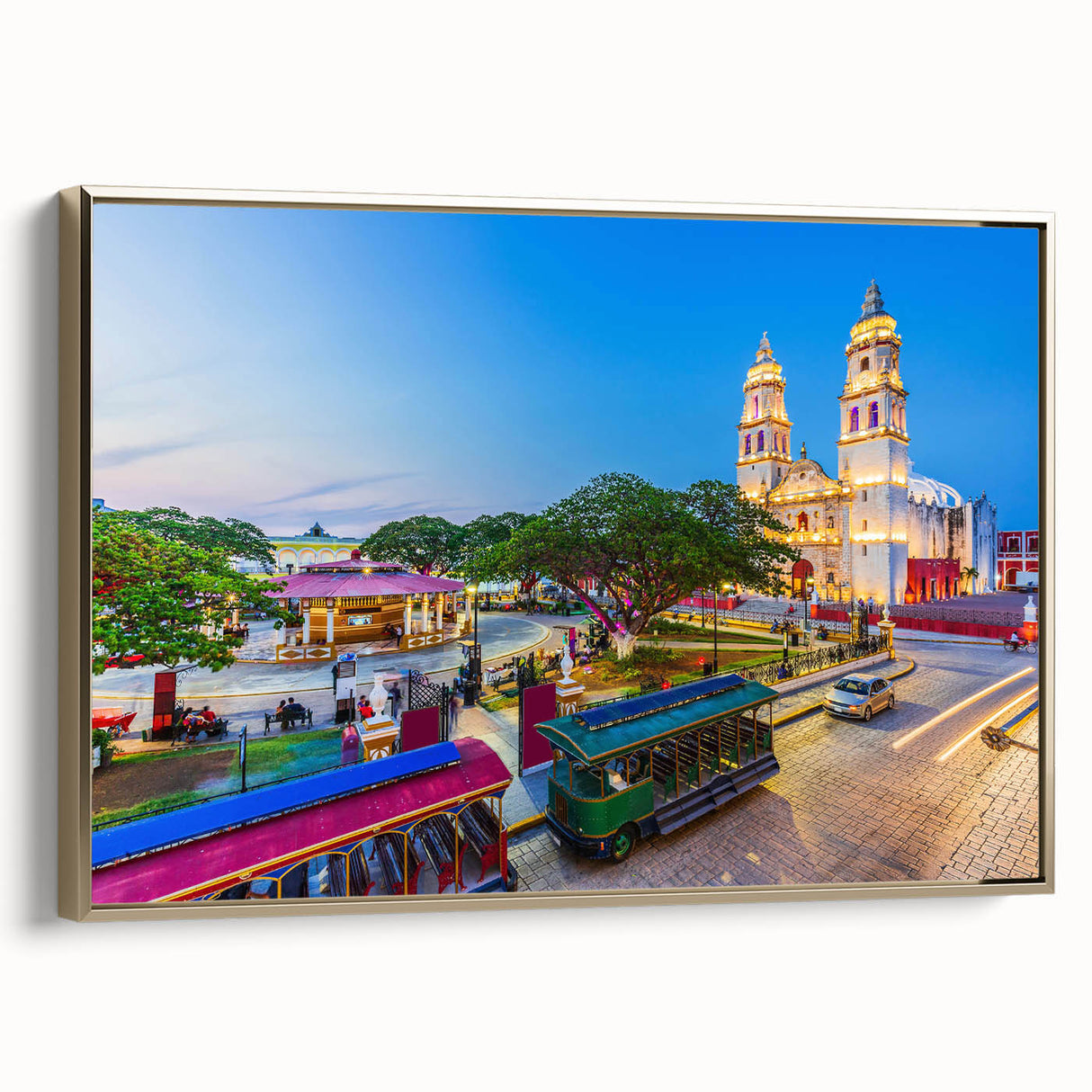 Framed canvas wall art depicting vintage-style Yucatan landscape in black and gold tones, ideal for bedroom decor.