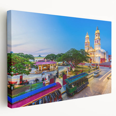 Large art depicting a Yucatan, Mexico scenery on stretched canvas, featuring vivid green and blue tones.