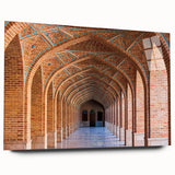 Large abstract wall art of an Iranian scenery in muted earth tones on acrylic glass, ideal for bedroom or dining room decor.