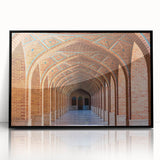 Large abstract wall art depicting a Middle Eastern scenery in muted earth tones on a framed acrylic.