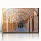 Large acrylic print of a mid-century modernist Iranian scenery in gold and earth tones, ideal for modern art wall decor.