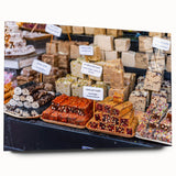 Large abstract wall art of Jerusalem cityscape in muted earth tones on acrylic glass, ideal for bedroom or dining room decor.