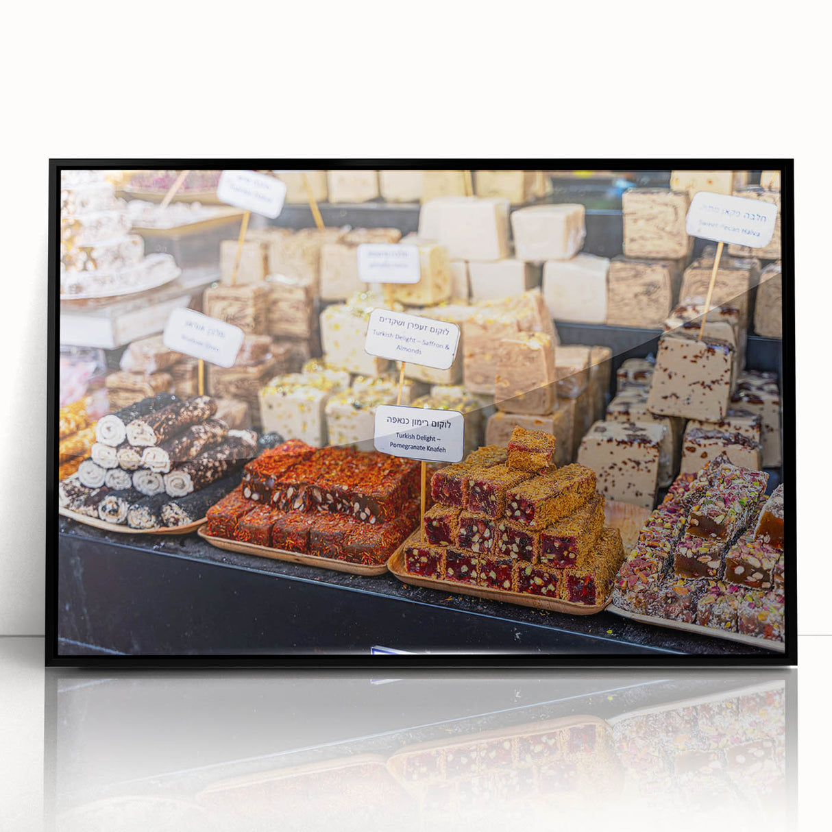 Large abstract wall art of Jerusalem skyline in muted earth tones on framed acrylic, suitable for modern living room decor.