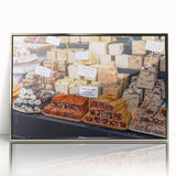 Mid-century modernist art of Jerusalem skyline in muted gold and blue tones on a framed acrylic print.