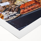 Art deco poster of Jerusalem skyline in muted gold and blue tones on rolled canvas, suitable for dining room decor.