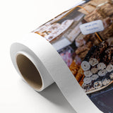 Art Deco poster of Jerusalem skyline in muted gold and blue tones on rolled canvas, suitable for nursery wall art.