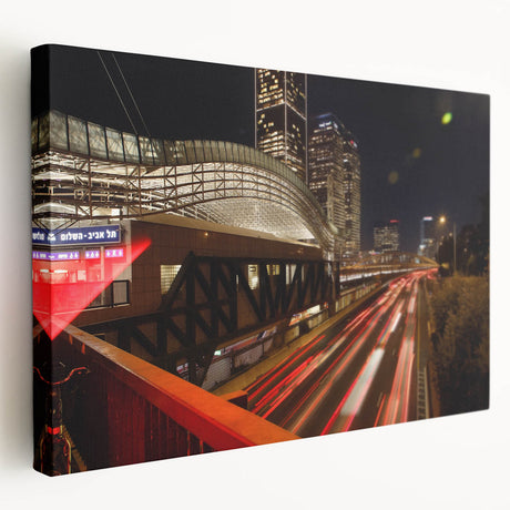 Tel Aviv cityscape on large stretched canvas, featuring muted earth tones, ideal for kitchen wall art.