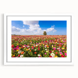 Abstract art print of a Middle Eastern scenery in muted earth tones, framed with a white mat, suitable for dining room decor.