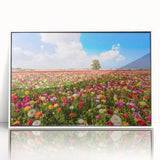 Mid-century modernist art of a Middle Eastern landscape in muted earth tones on a framed acrylic.