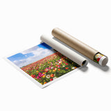 Extra large rolled print of a Middle Eastern scenery with floral motifs in earthy tones.