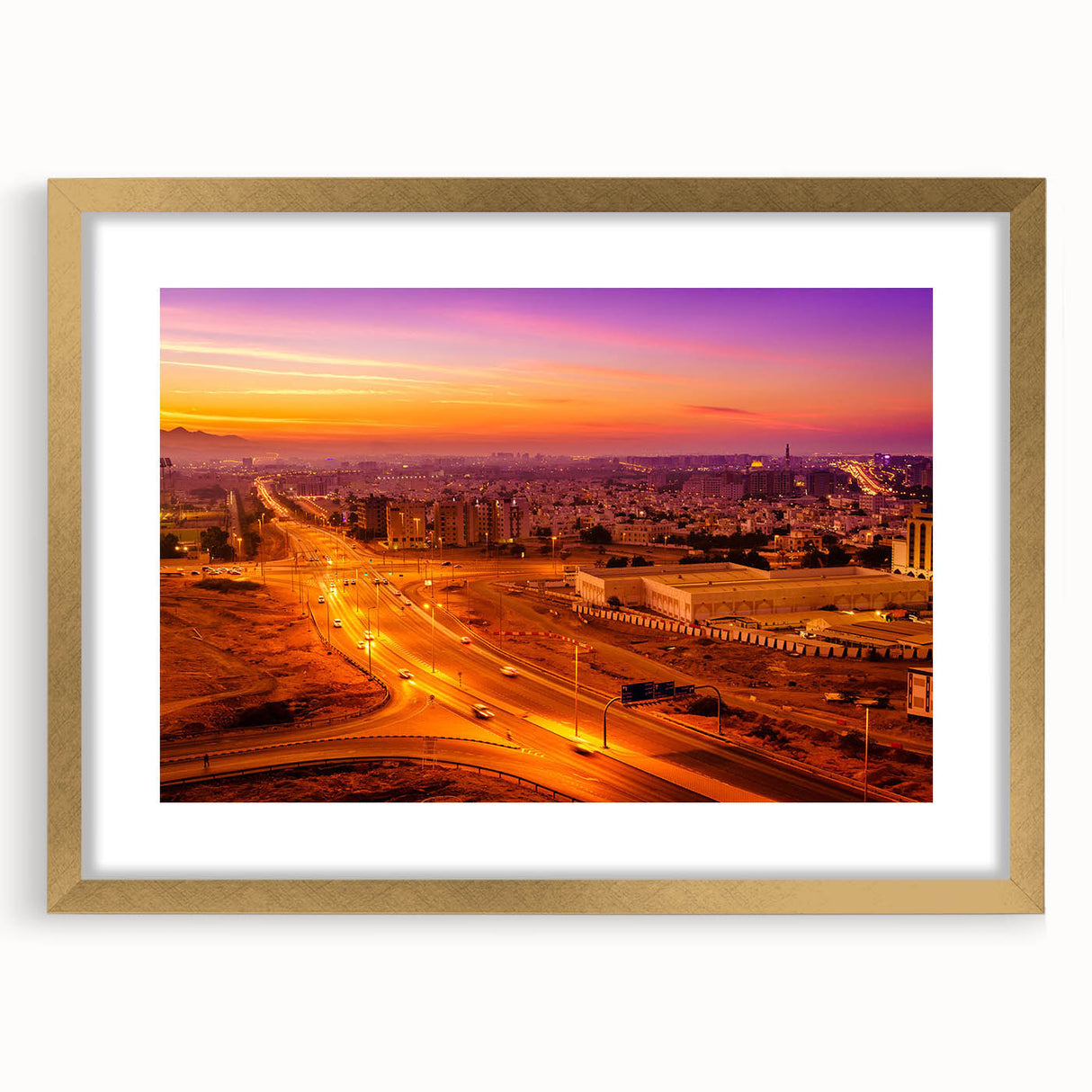 Extra large wall art featuring an abstract textured print of a Middle Eastern scenery in gold tones.