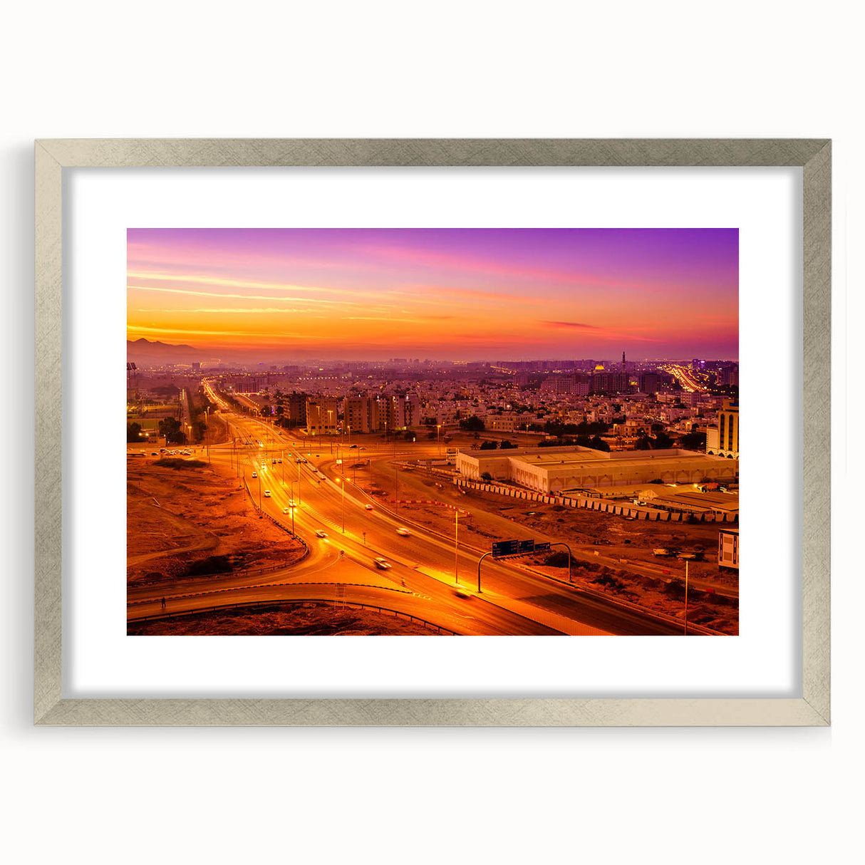 Textured art depicting an abstract Middle Eastern scenery in muted earth tones on a framed canvas.
