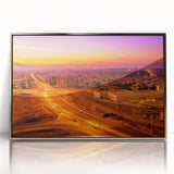 Large acrylic print of an Omani landscape in muted earth tones, framed in gold, suitable for modern art wall decor.
