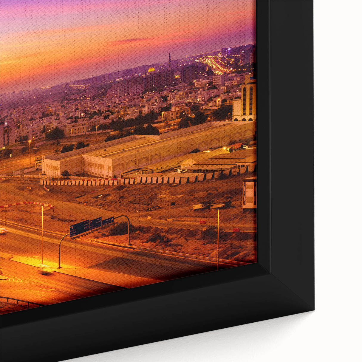 Textured black wall art featuring a colorful Middle Eastern scenery on a large framed canvas, ideal for living room decor.