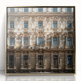 Framed acrylic print of a mid-century modernist Saudi Arabian scenery in gold and earth tones.