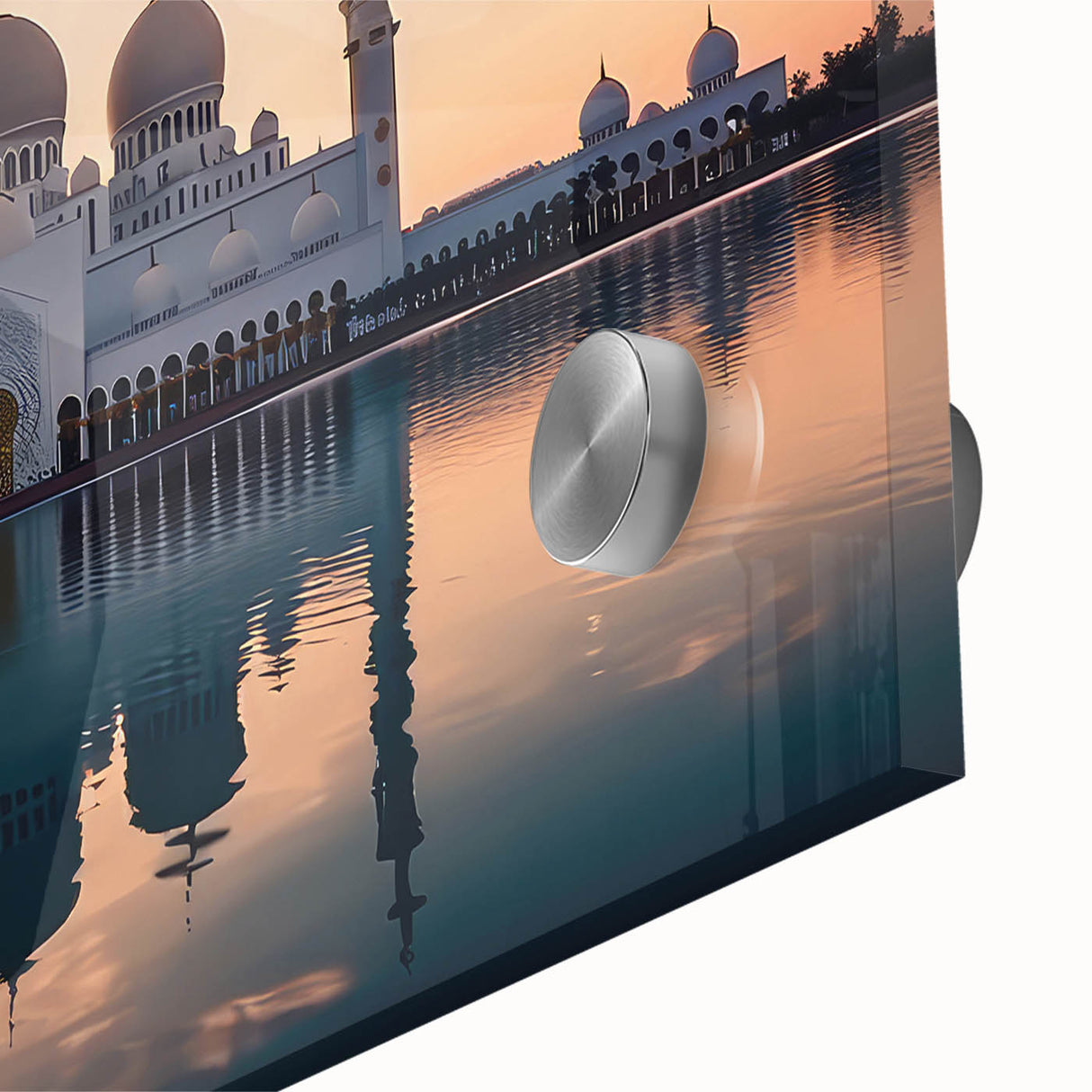 Large abstract wall art featuring a mid-century modernist Abu Dhabi skyline in muted earth tones, printed on acrylic glass.
