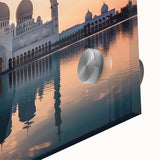 Large abstract wall art featuring a mid-century modernist Abu Dhabi skyline in muted earth tones, printed on acrylic glass.