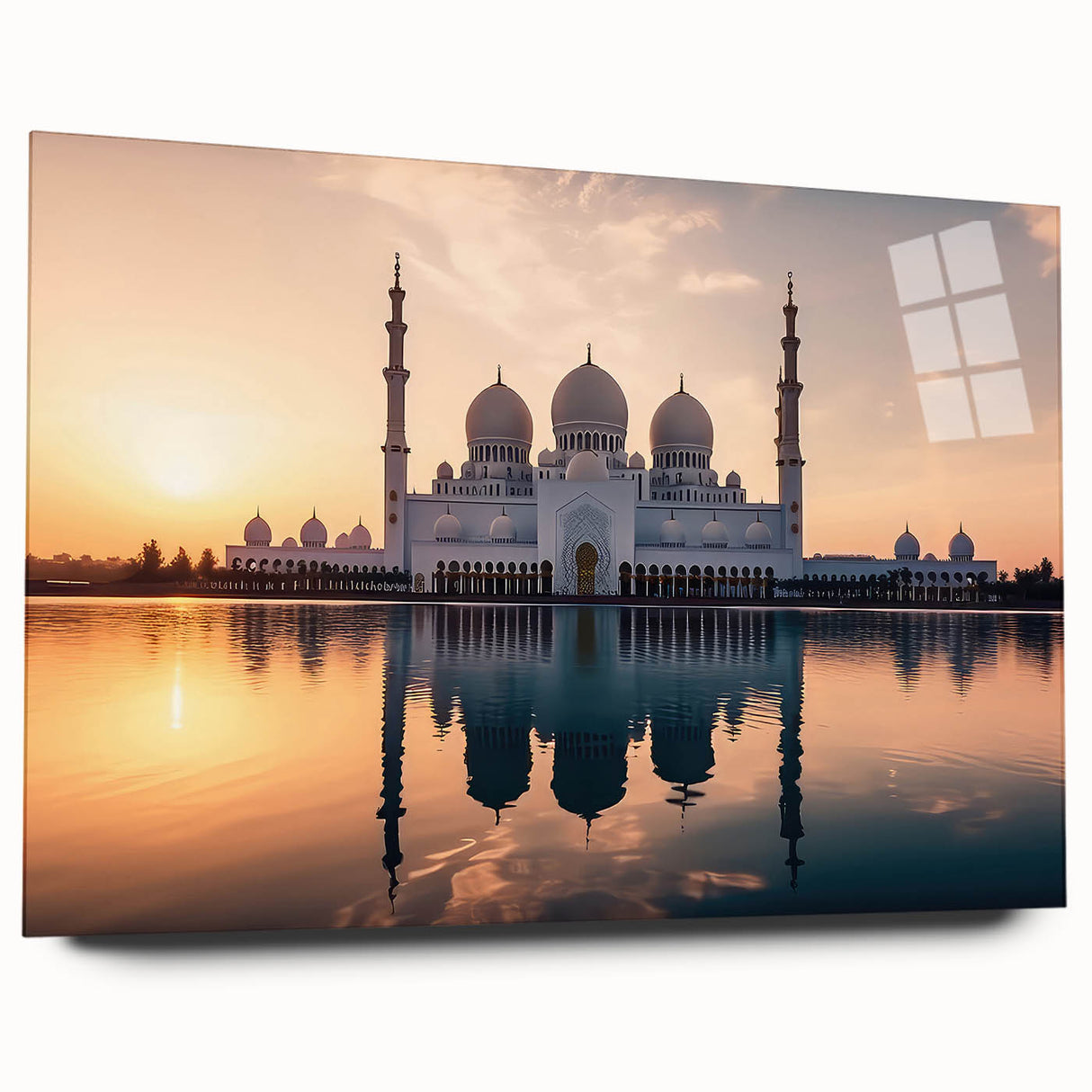 Large abstract wall art of Abu Dhabi skyline in muted gray and blue tones on acrylic glass.