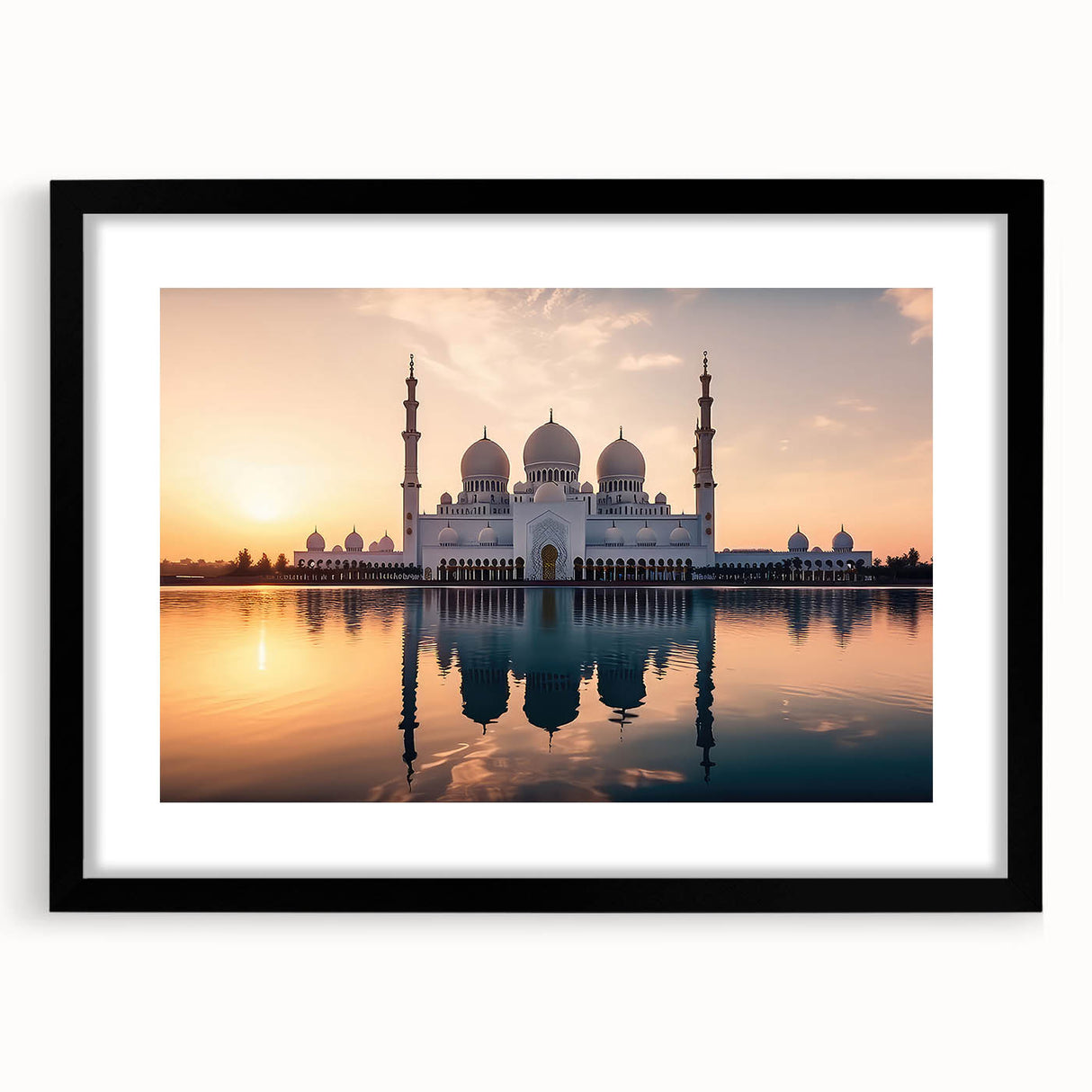 Colorful abstract art print of textured scenery, in a large black frame, suitable for living room decor.