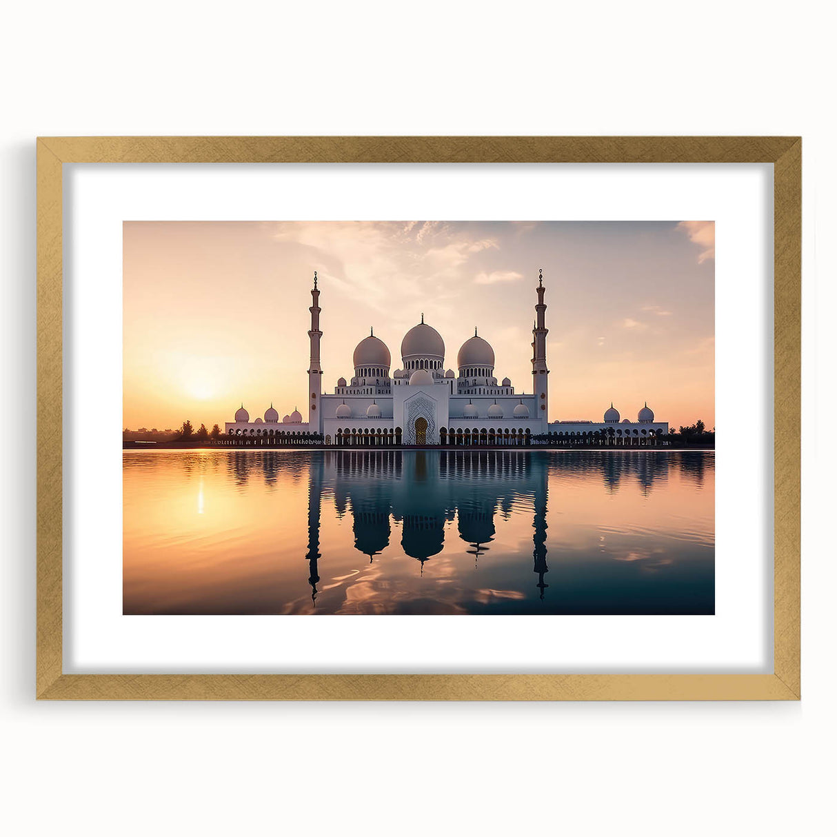 Extra large abstract art print of Abu Dhabi scenery in gold frame, featuring textured elements and a muted color palette.