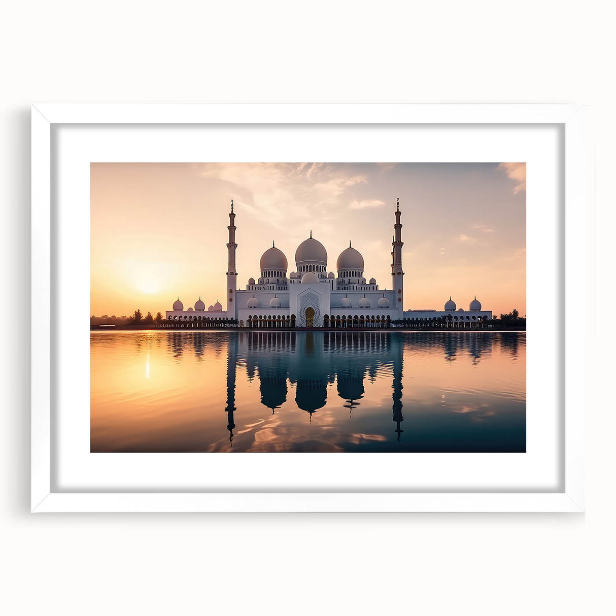 Abstract art print of Abu Dhabi skyline in muted gray and blue tones on a white framed poster.