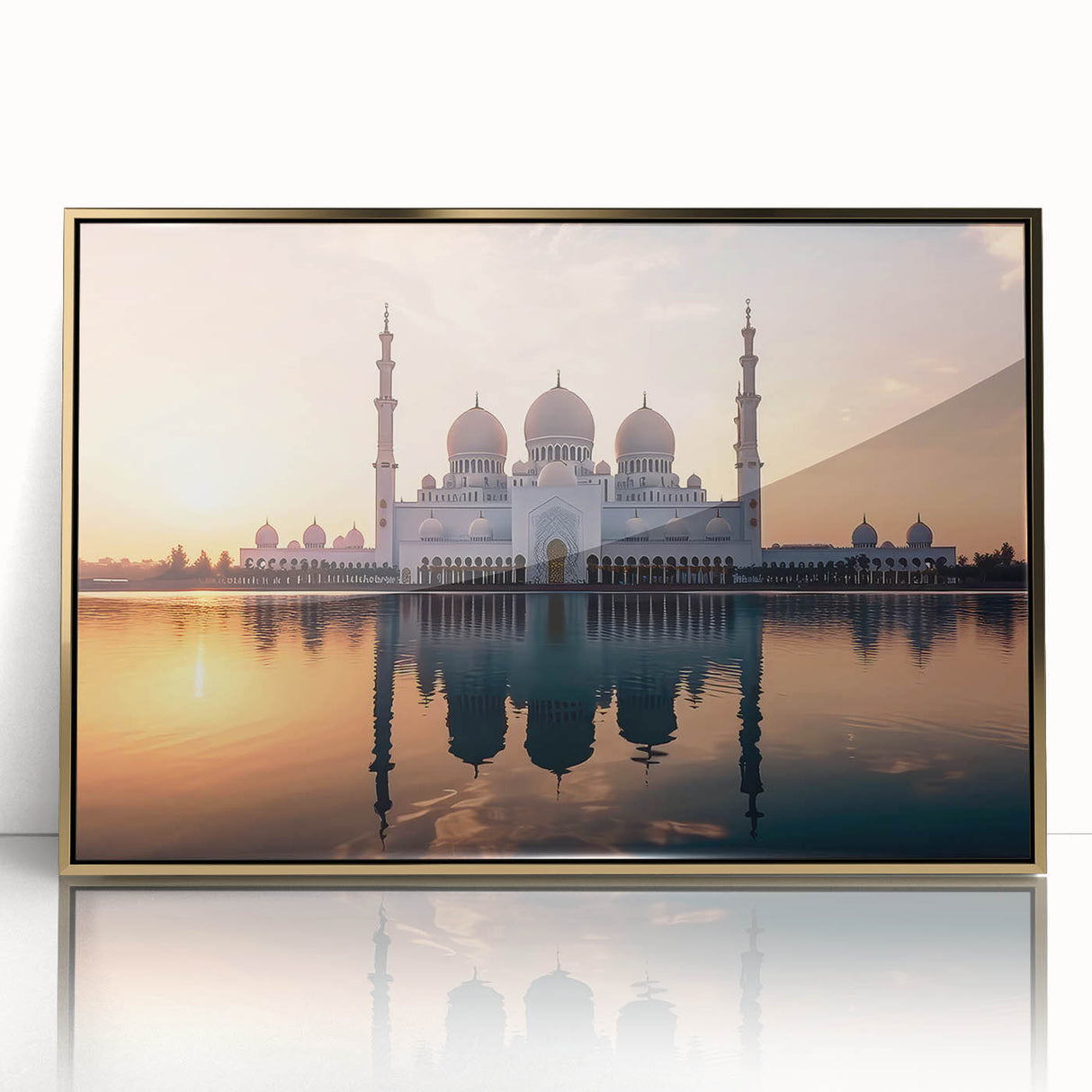 Large acrylic print of Abu Dhabi skyline in gold tones, framed, ideal for modern art wall decor.