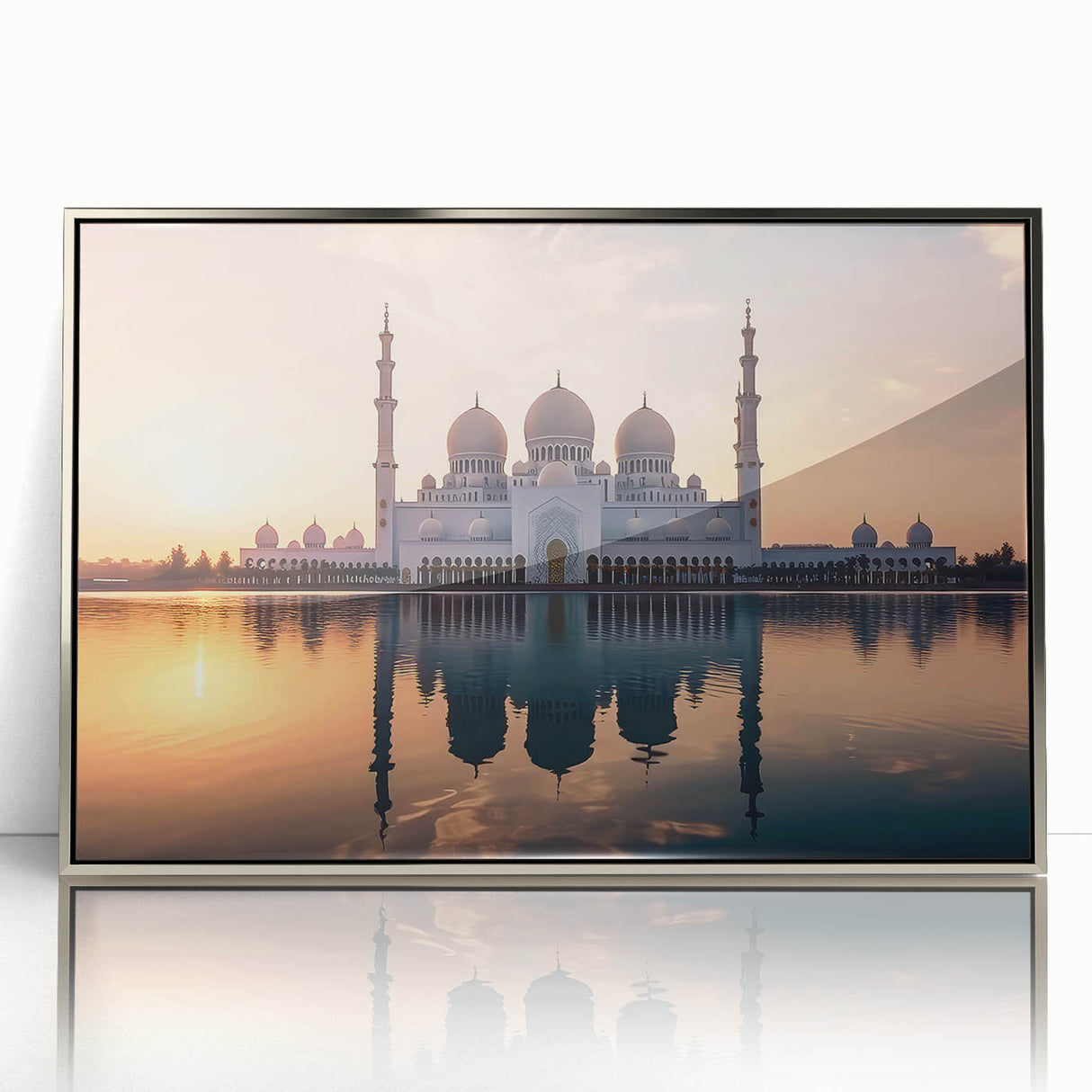 Mid-century modernist art depicting the Abu Dhabi skyline in silver and gray tones on a framed acrylic panel.
