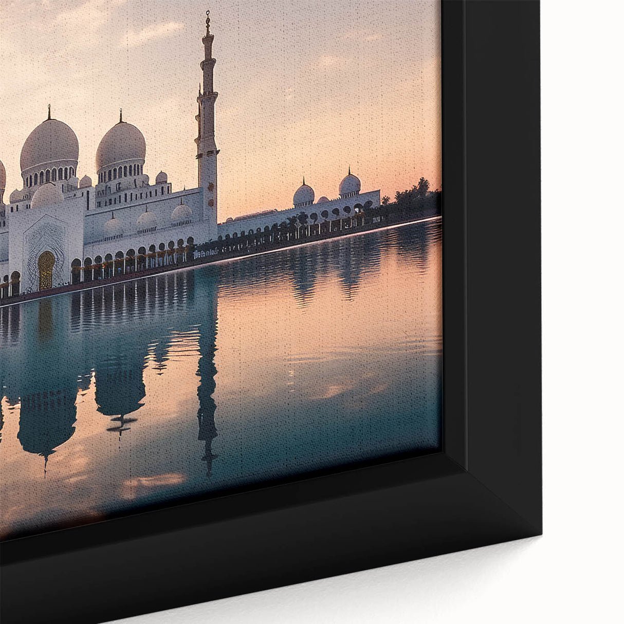 Extra large framed canvas featuring a textured depiction of Abu Dhabi scenery in black with colorful accents.