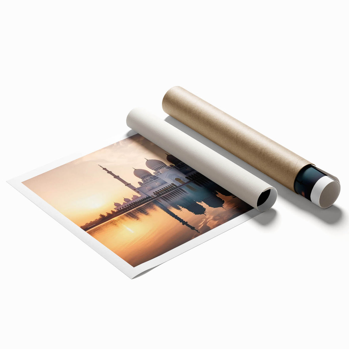 Extra large rolled print of Abu Dhabi scenery with soft peach and blue sky tones, ideal for classy bathroom wall art.