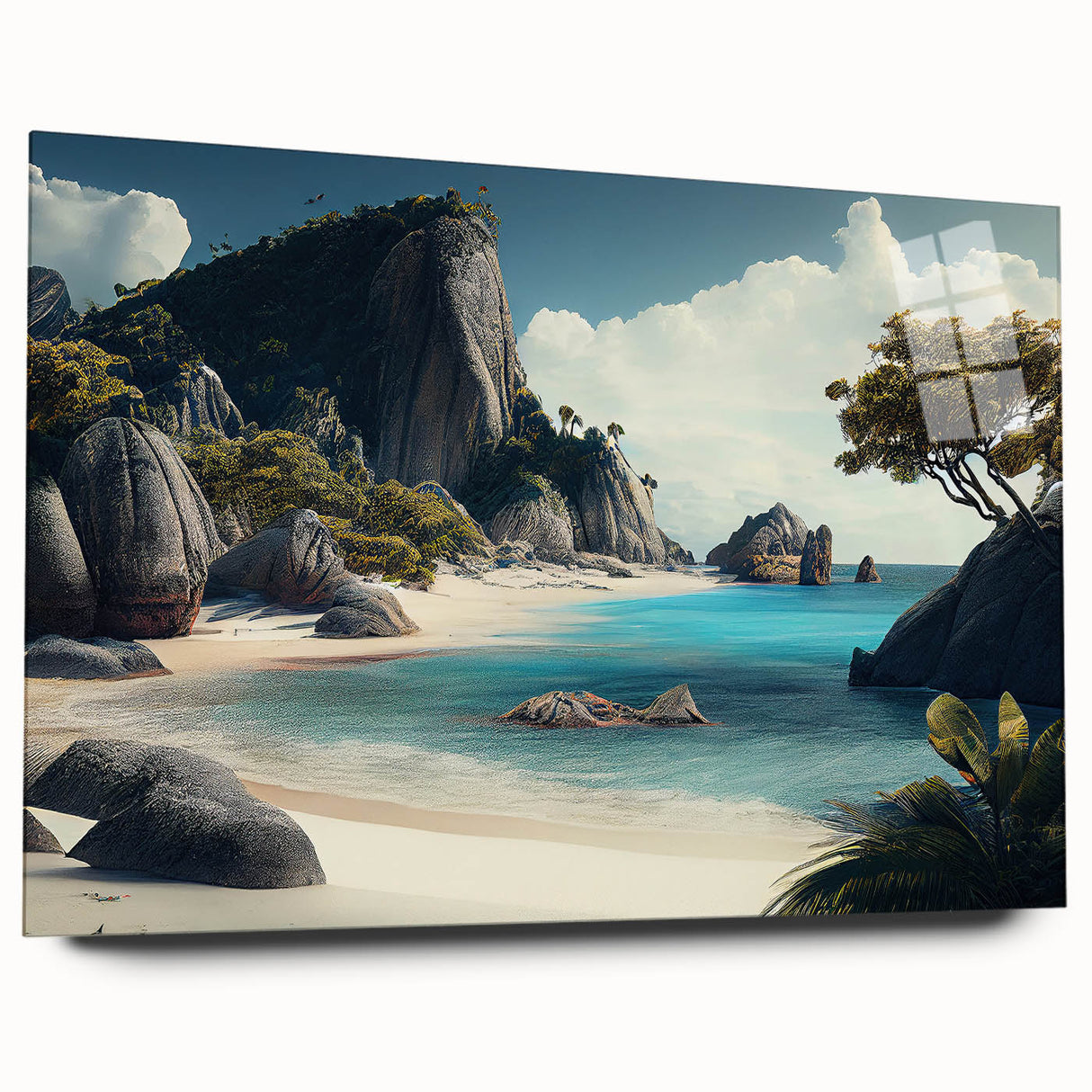 Large abstract wall art depicting serene Oceania scenery in soothing blue and green tones on acrylic glass.