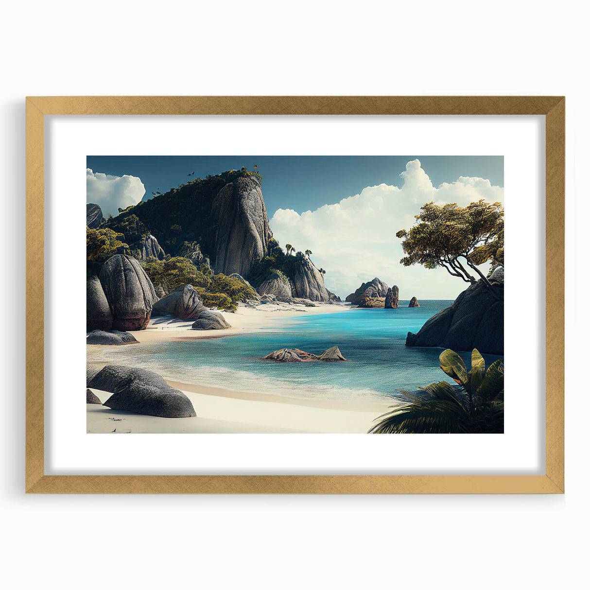 Extra large abstract art print featuring textured oceanic scenery in cool blues and greens, framed in gold.
