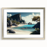 Textured abstract art print of an oceanic scene in muted blue and green hues on a framed silver mat.