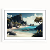 Abstract art print depicting serene oceanic scenery in soft blue and white tones, framed with a white mat.