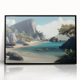 Large abstract wall art depicting a serene Oceania Fiji scenery in muted blue and green tones on a framed acrylic.