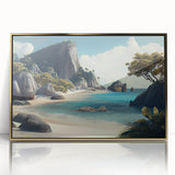Large art print of a serene Fiji ocean scene in muted blue and green tones on framed acrylic.