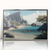 Mid-century modernist art depicting Oceania's Fiji scenery in silver-framed acrylic, ideal for nursery wall art.